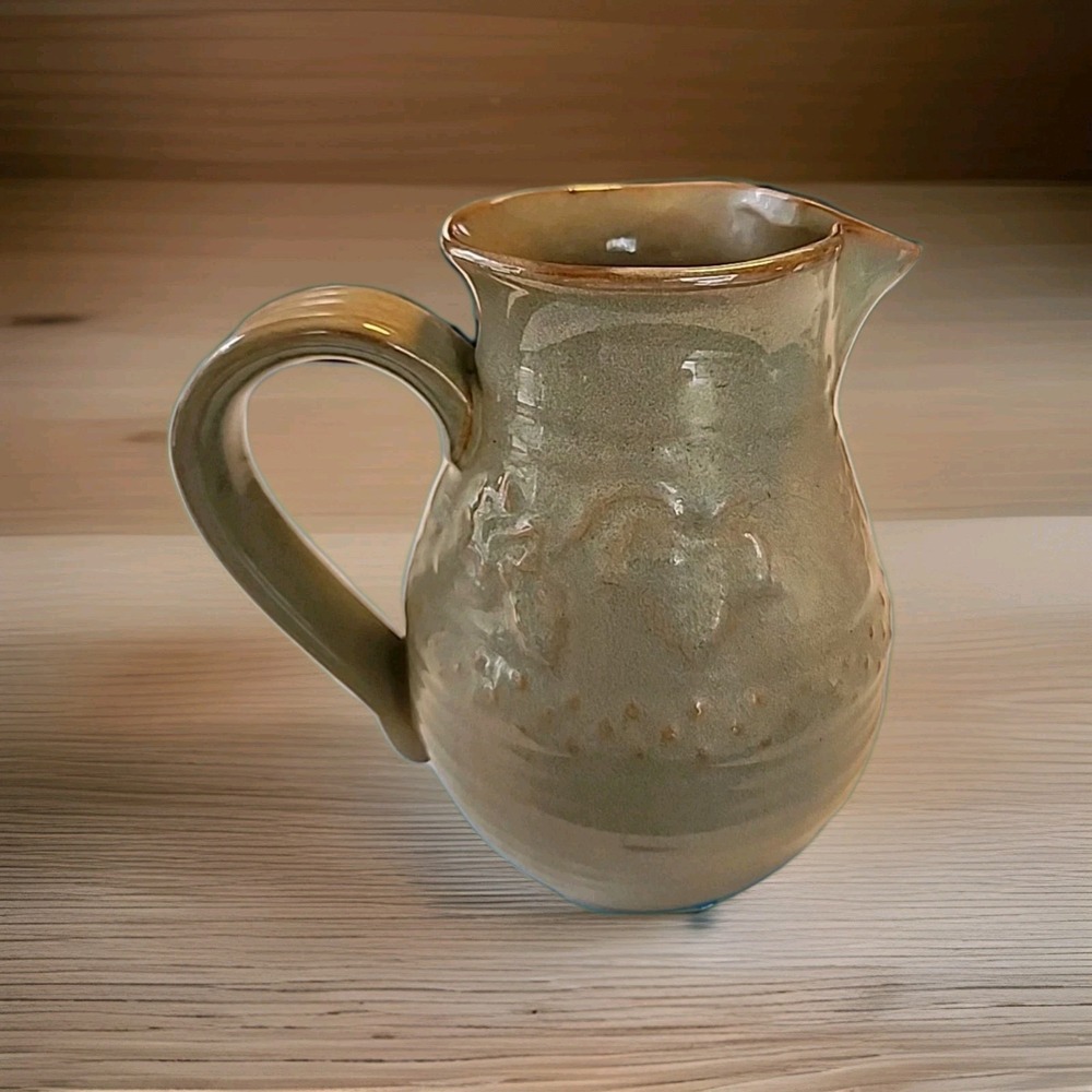 Vintage Hand-Thrown Green Frogskin Glaze Studio Art Pottery Pitcher 7.5" Rustic